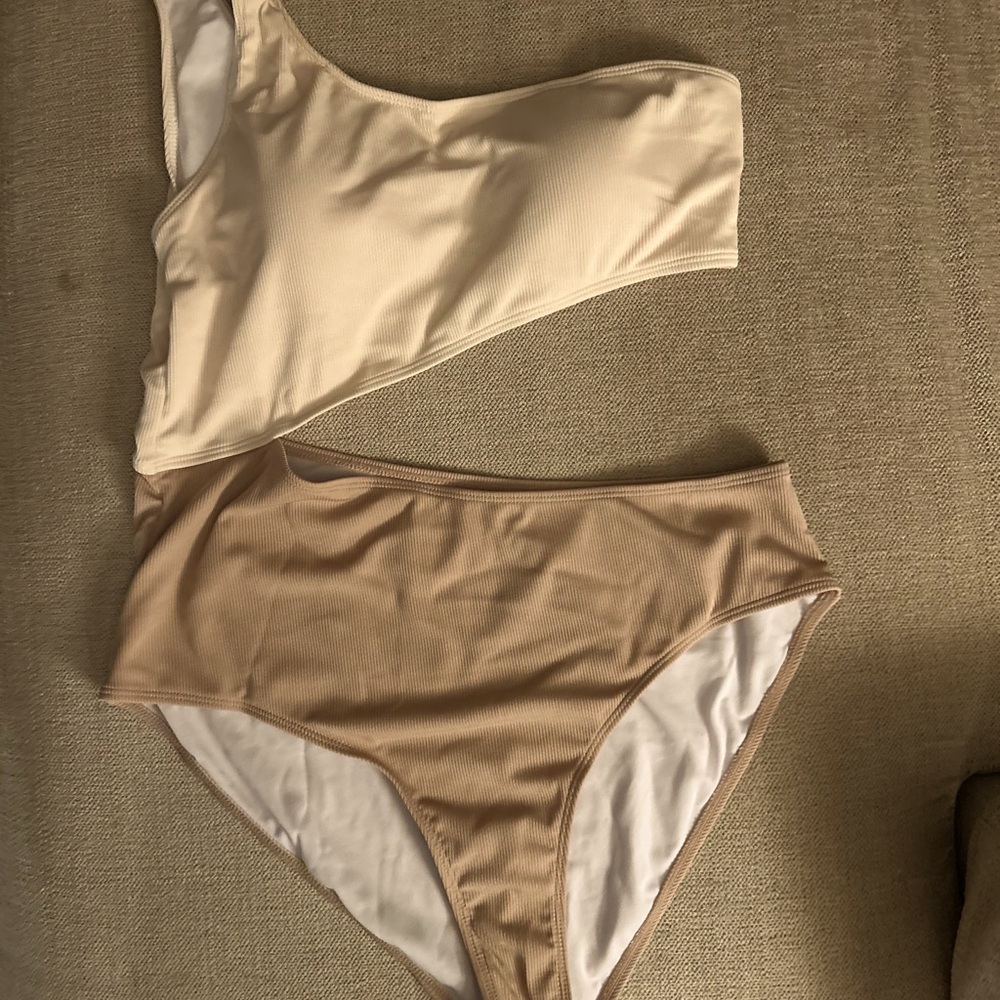 One-Shoulder Bikini Set in Cream and Tan